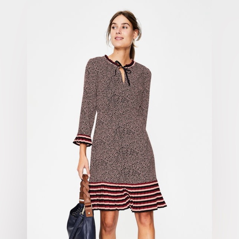 BODEN Polka Dot Lara Pleat Dress Midi Neck Tie size 6R